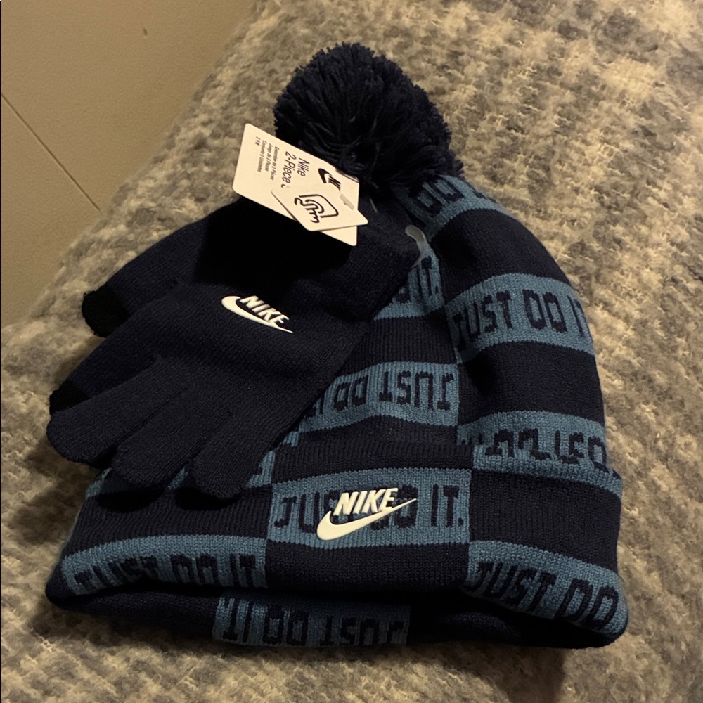 Nike Navy and Light Blue Knit Hat and Gloves